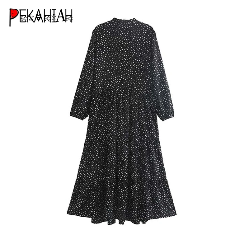 Осеннее черное платье макси в горошек женское плиссированное с длинным рукавом