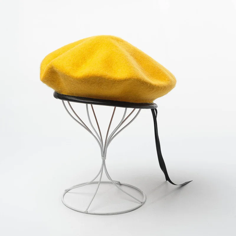 202009-HH0073A autumn WINTER wool japan Cool style pu brim ribbon  beret  hat  men women Leisure star painter  hat