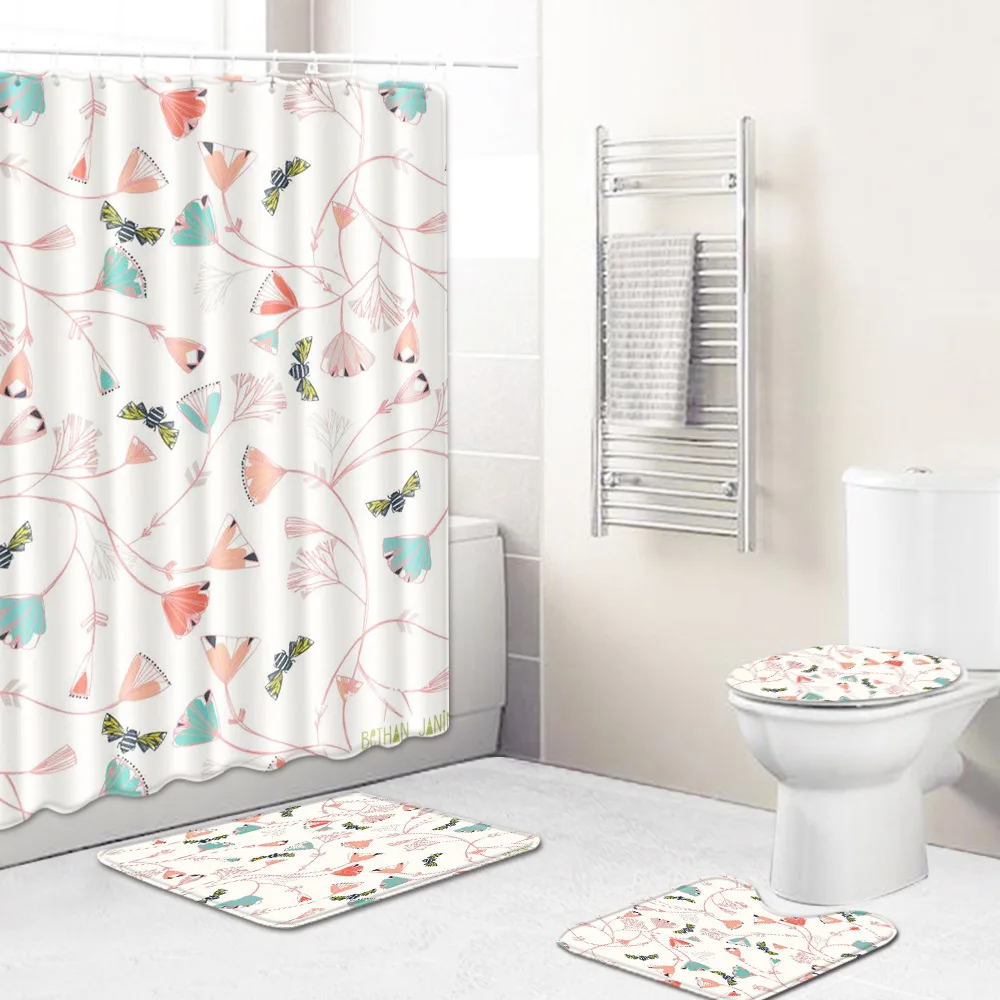 Zeegle 4PCS Bath Mat Set Shower Curtain Flannel Soft Toilet Seat Cover Absorbent Pedestal Rug Foot | Дом и сад