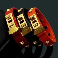 hot brand stainless steel rivet bangle black red orange color real cowhide leather bracelets for men women