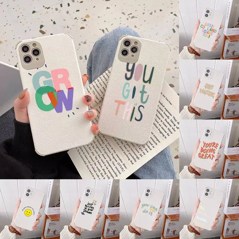 

Smile face text sunshine Phone Case Lambskin Leather For iphone 12 11 8 7 6 XR X XS PLUS MINI PLUS PRO MAX Shockproof Soft Coque