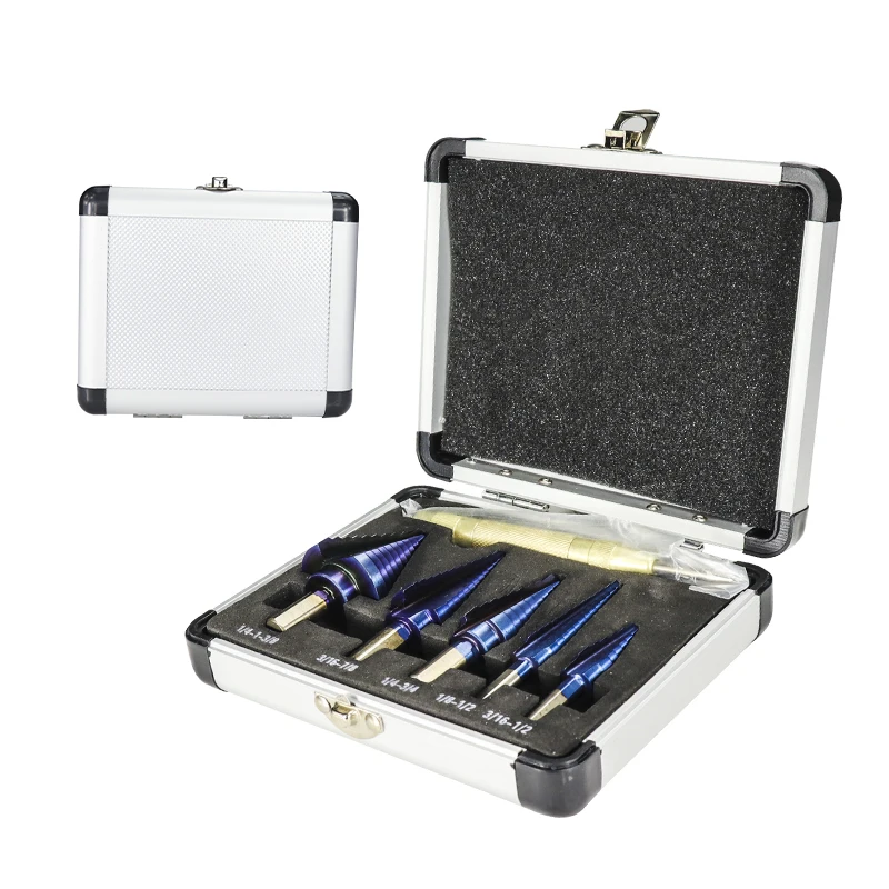 

CMCP 6pcs HSS Step Drill Bit Set Automatic Center Punch Nano Blue Coating Imperial Core Drill Bit With Aluminum Case