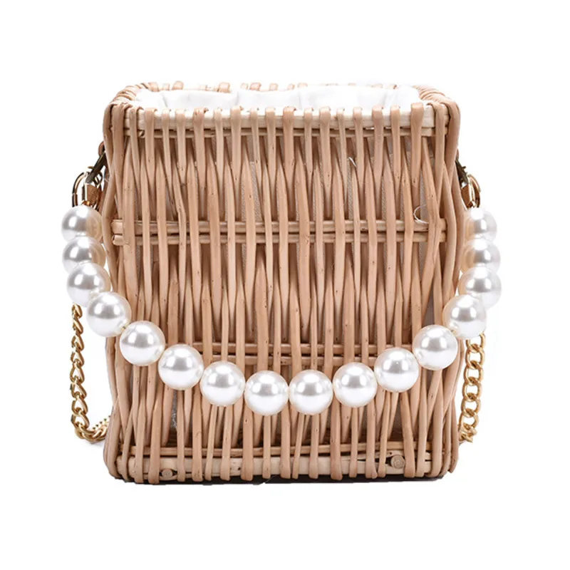 

Pearl Bag Women's Bucket Bag New Hand-woven Straw Bag Rattan Crossbody Shoulder Bags Ins Wild Mini Evening Clutch Bags