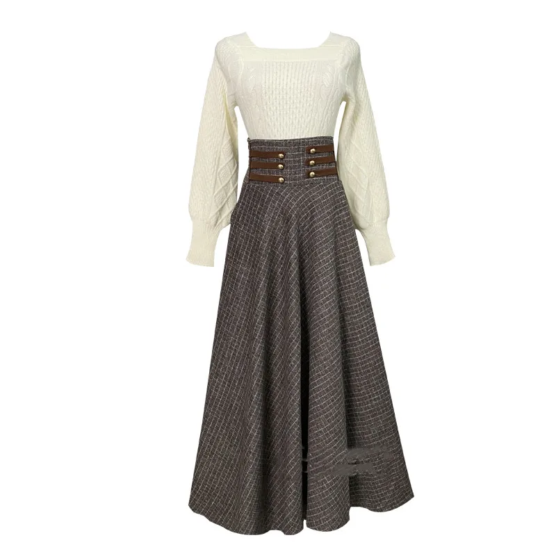 

Modern Vintage Style Outfits Winter Full Sleeve Pullover Sweater & Woolen Plaid Skirt Ankle-Length 2 Piece Set Women Suits Retro