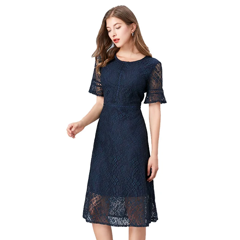 

Summer Office Lady Dress Lace Hollow Out Blue Round Neck Short Sleeve Knee-length Zipper Back Plus Size Dress for Women 4xl 5xl