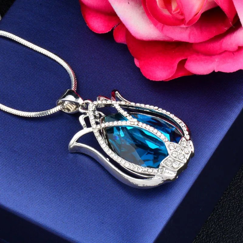 Просвет Шарм синего стекла тюльпан цветок кулон ожерелье серебро Цвет Длинная