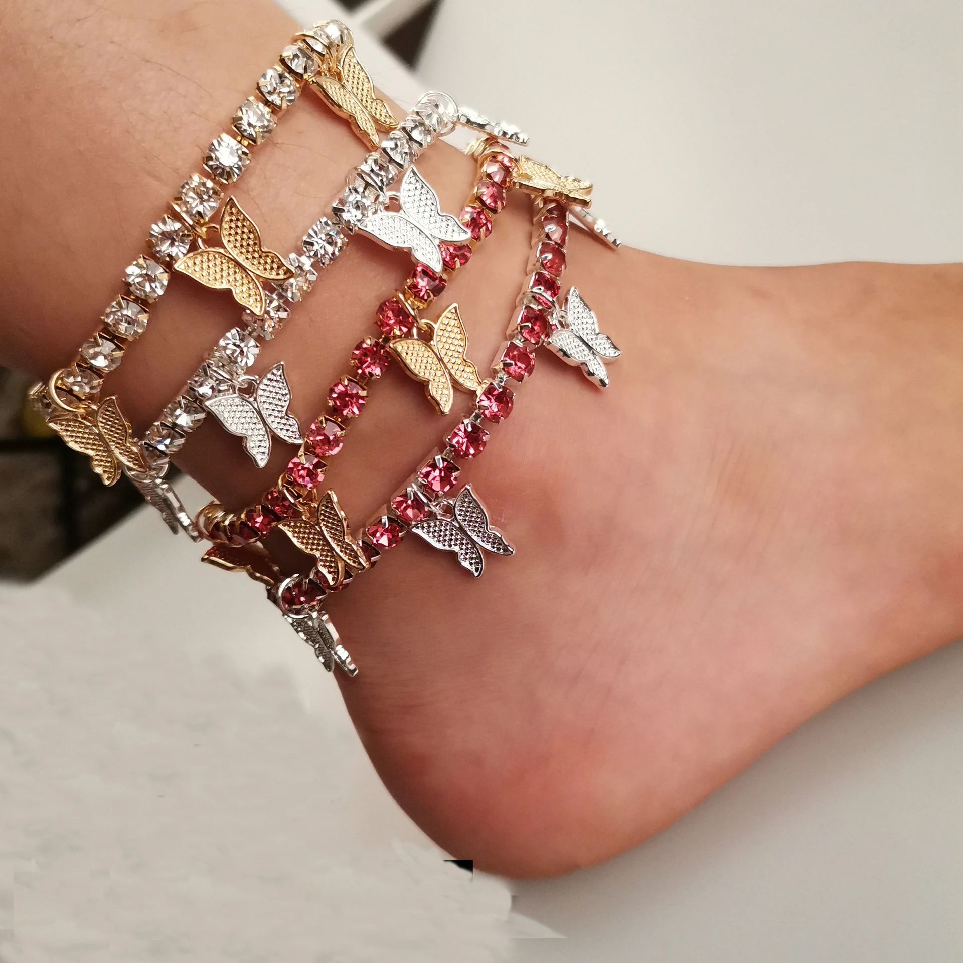 

Fashion Rhinestone Crystal Butterfly Pendant Ankle for Women Statement Bling Tennis Chain Anklet CZ Zircon Butterfly Foot Chain