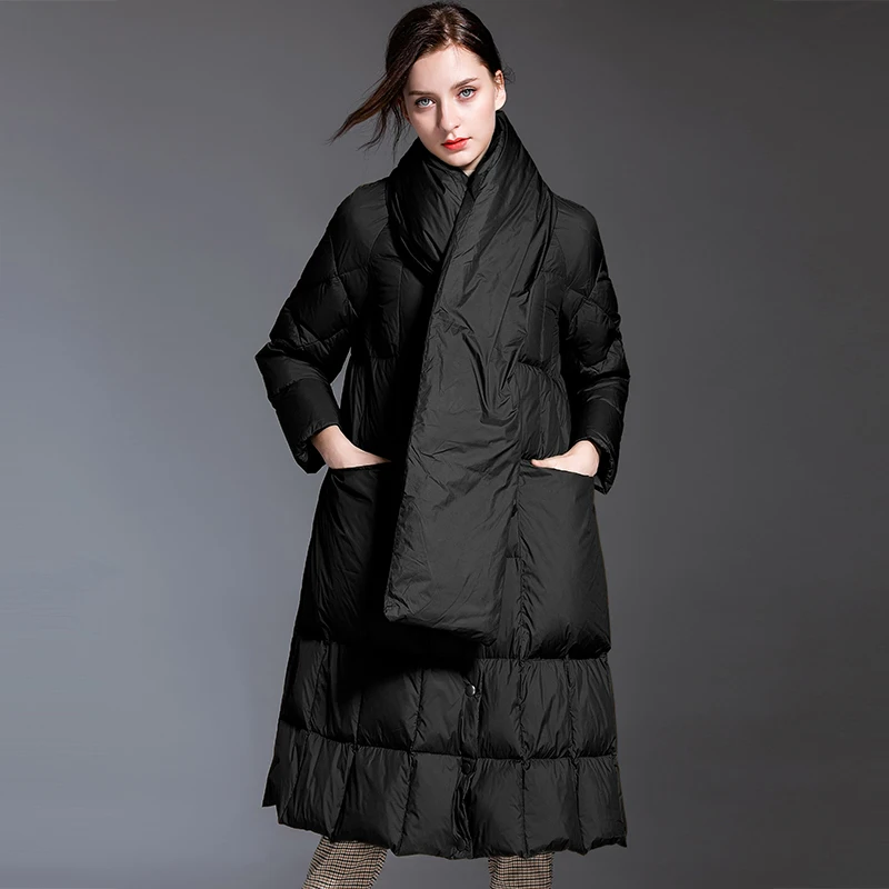 Style Korean Women Stand Coats Collar With Scarf Jackets White Down Duck Warm Khaki Outwear Oversize Loose Long Parkas 2021