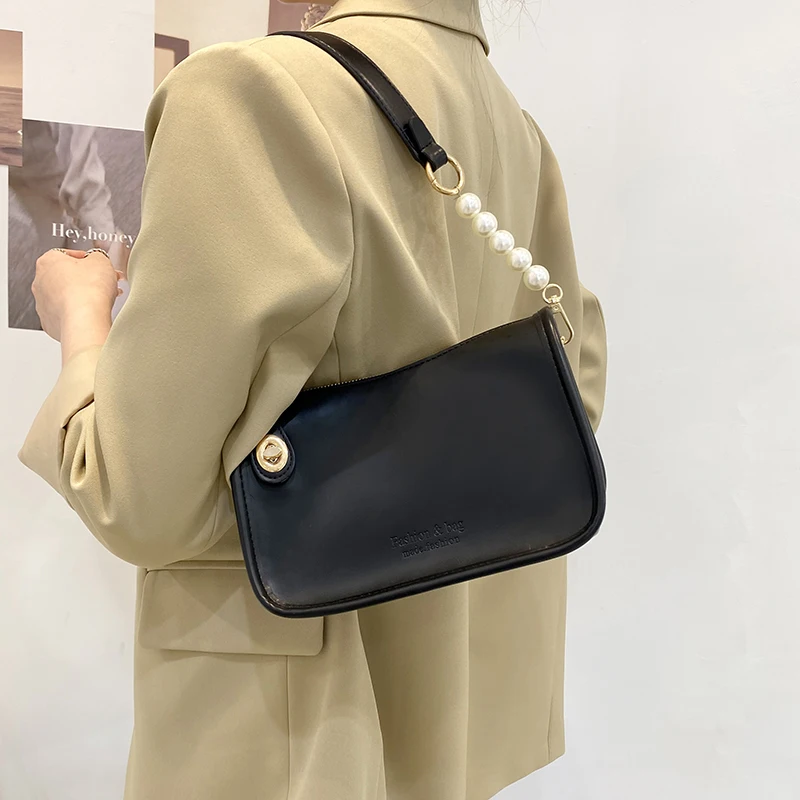 

Pearl Shoulder Bags for Women 2021 New Trend Designer Armpit Bag Simple Small White Handbags Pure Color Leather Women's Bags