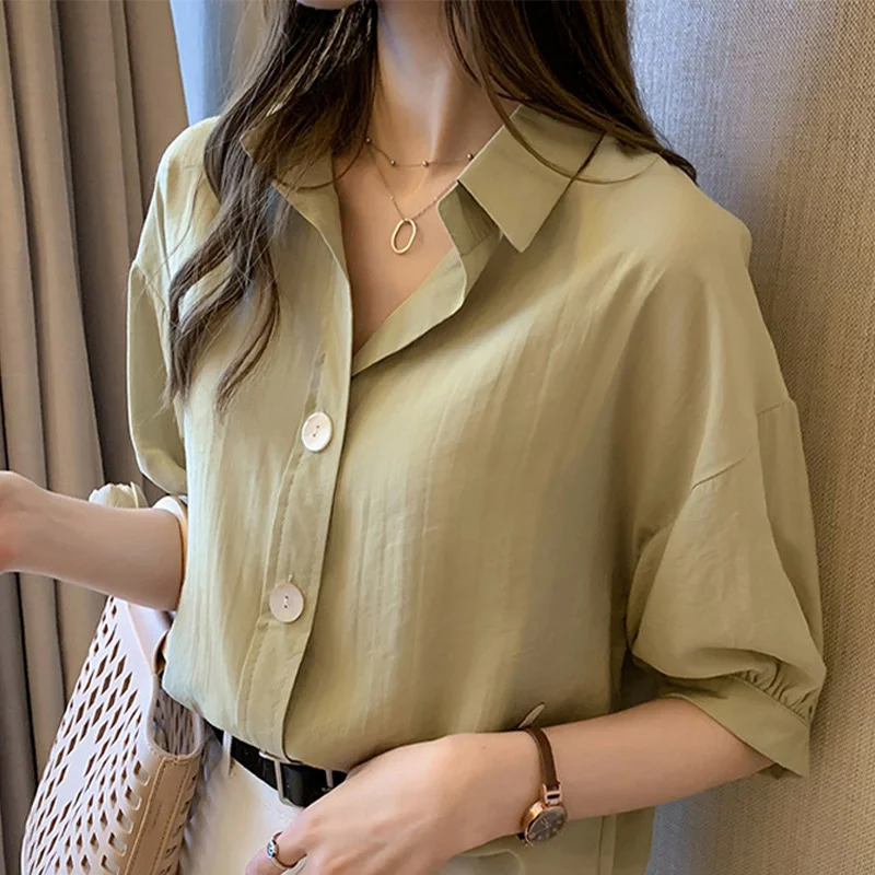 

Зеленая Женская блузка на весну и осень, повседневная Однотонная рубашка с длинным рукавом, Женская Корейская Свободная рубашка, рабочая од...