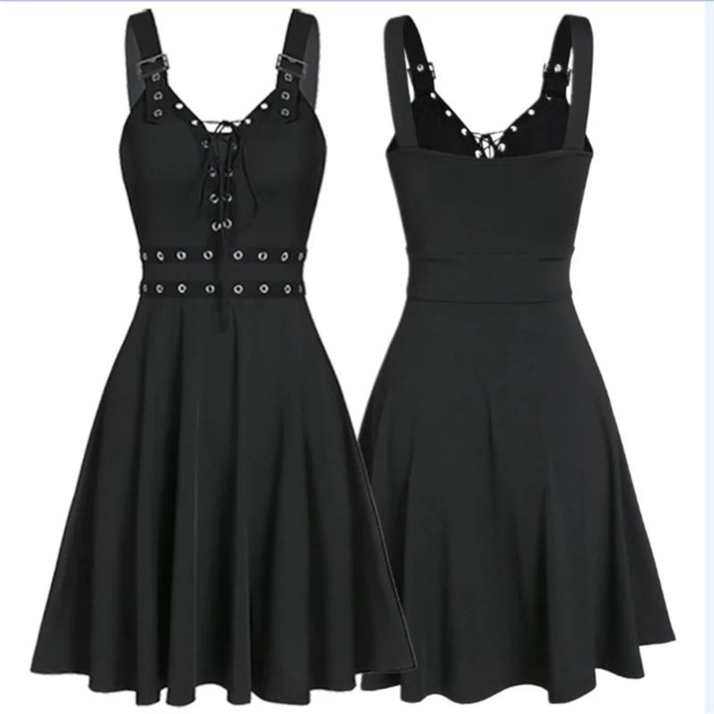 

Женское платье-мини с заклепками, черное Бандажное платье в готическом стиле, с глубоким V-образным вырезом, без рукавов, в стиле хип-хоп, осе...