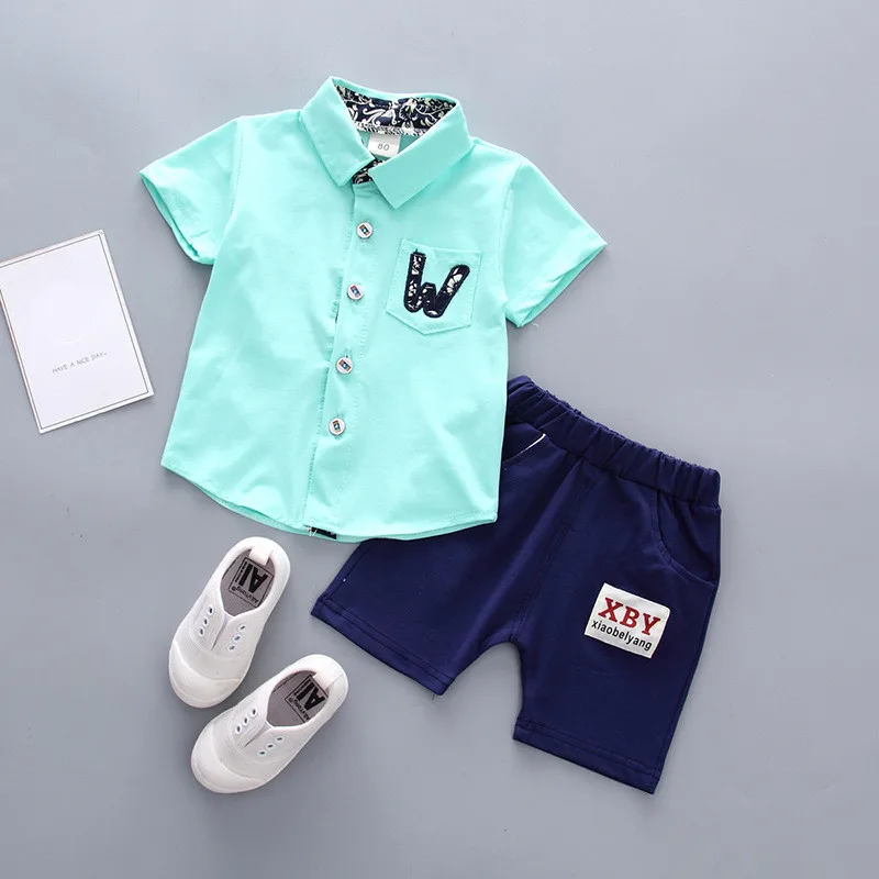 Летние комплекты для мальчиков одежда хлопковая детская повседневная рубашка +