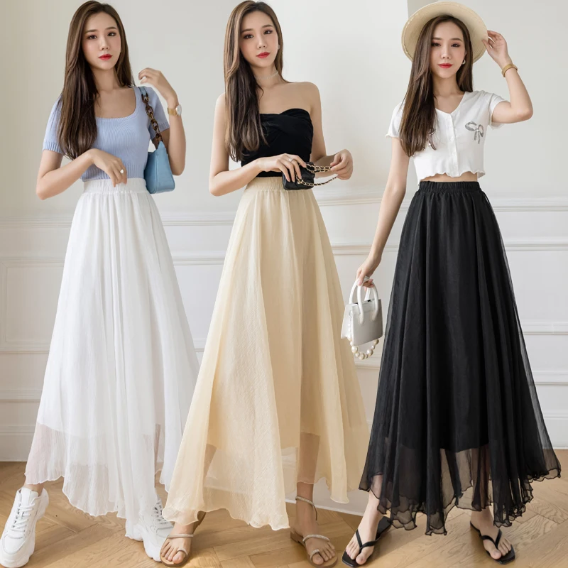 

Женская длинная юбка с волнистыми краями, элегантная нежная Блестящая Глянцевая юбка из сетчатой ткани с высокой талией, лето 2021