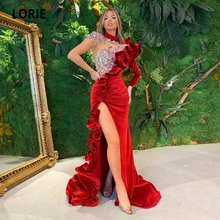 Vestido de noite lorie arabic com babados, vestido de festa com divisão lateral alta de sereia, veludo, baile, strass, vestido abendkleidir 2021 dubai (1)
