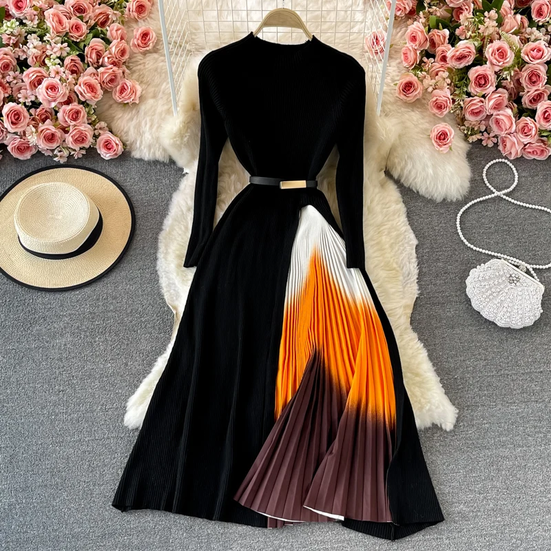 

YIZZHOY Autumn Winter Elegant Large Swing Long Dress Black Long Sleeve Fake Two Piece Knitted Pleated Dress