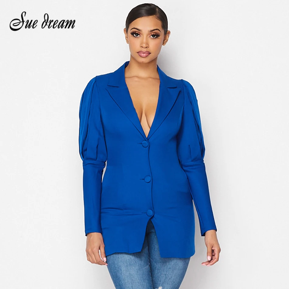2021 New Women Fashion Sexy Blue Black White V-neck Long Sleeve Puff Single Breasted Pocket Decorative Coat | Женская одежда