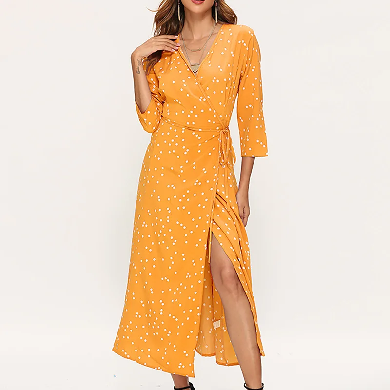 

2021 New Ladies Summer Regular Three Quarter Sleeve Dot Print Chiffon Dress Women Sexy V Neck Split Mid Calf Dresses