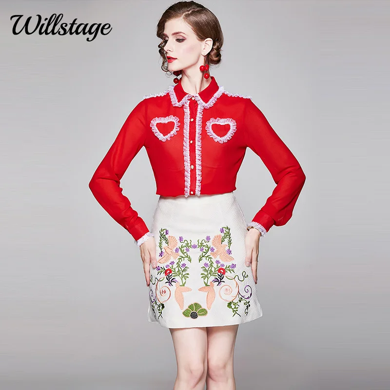 

Willstage red shirts women elegant blouse lace patchwork heart pocket shirts love 2020 Autumn clothes