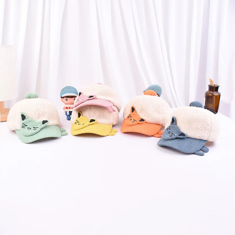 Hats For Child Winter New Korean Version of Cartoon Cat Baseball Cap Teddy Cashmere Warm Cap Boys Cotton Outdoor Hats
