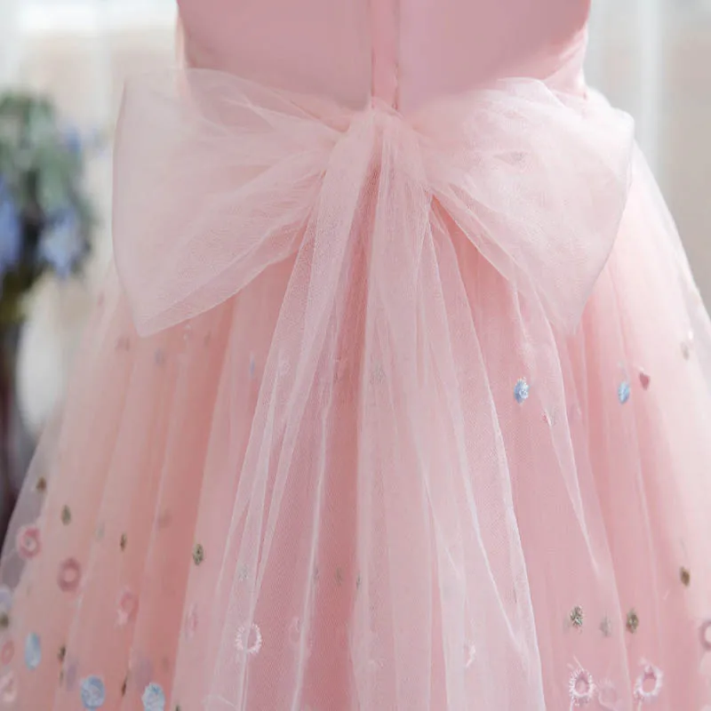

Flower Girls Dresses Illusion Cute Sleeveless Bow Embroidery Tulle O-Neck Knee-Length Luxury Pink Kids Party Princess Gown F135