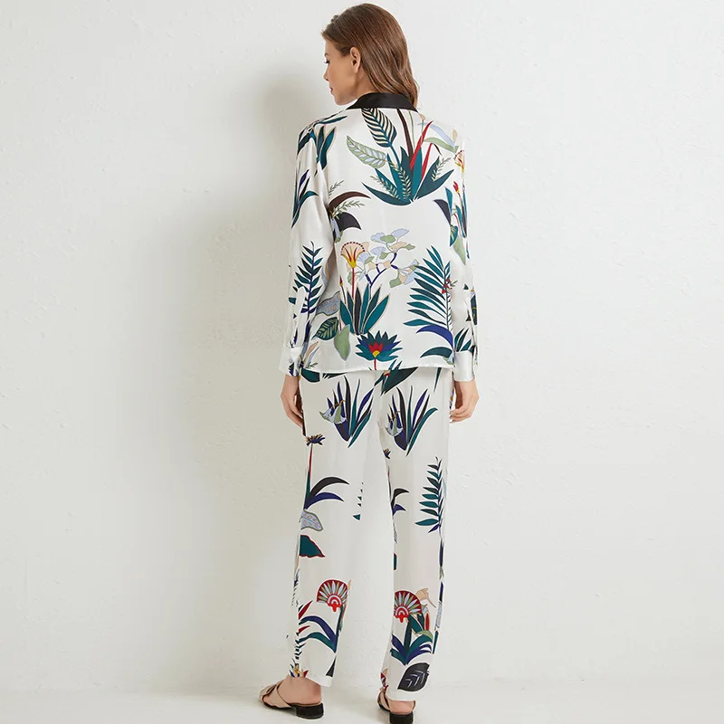 Casual Printed Sleepwear Women 100% Silk Pajamas Suit Pijamas Sexy White Silky 2pcs Sleep Set Lounge Loose Spring New Home Wear