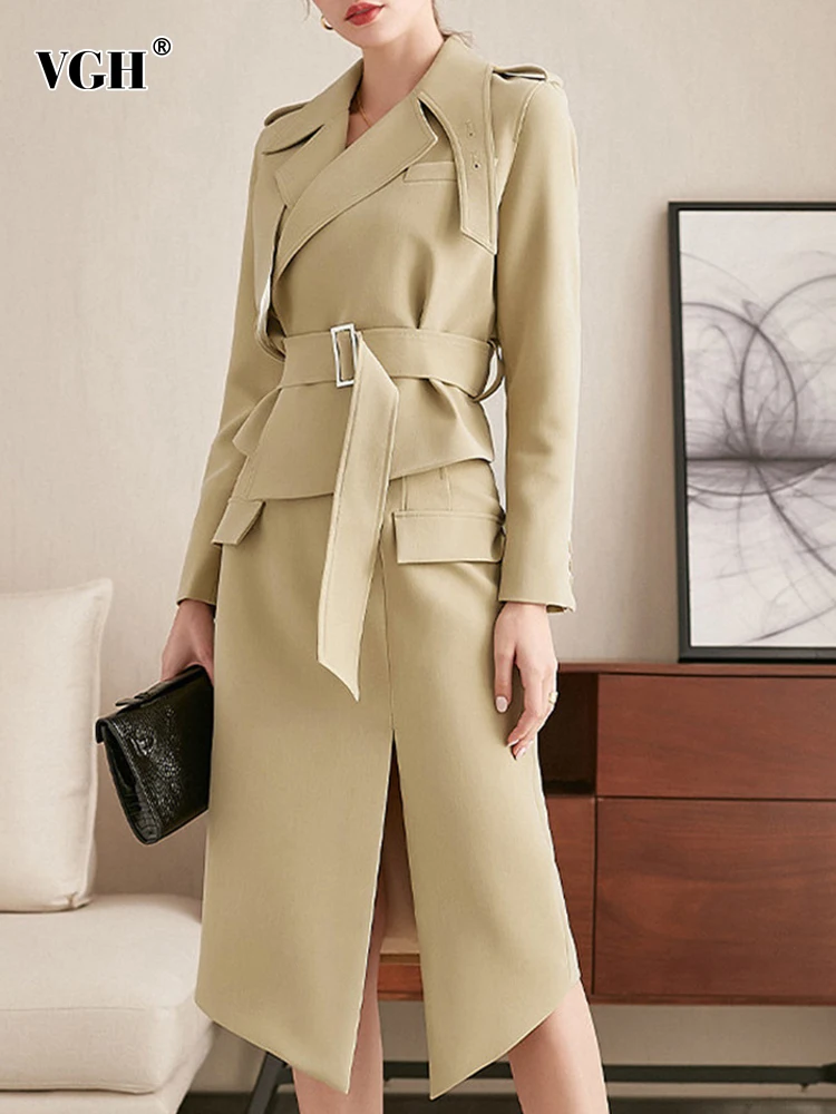 

Женский Повседневный комплект из двух предметов VGH, Топ с длинным рукавом и английским воротником, прямые однотонные костюмы из искусственн...