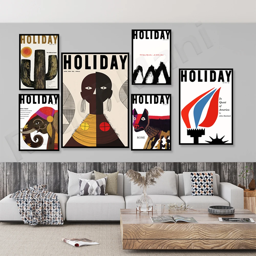 

Retro holiday theme magazine cover poster, India, Rome, America holiday exploration, desert, statues, rocky mountains, flora and