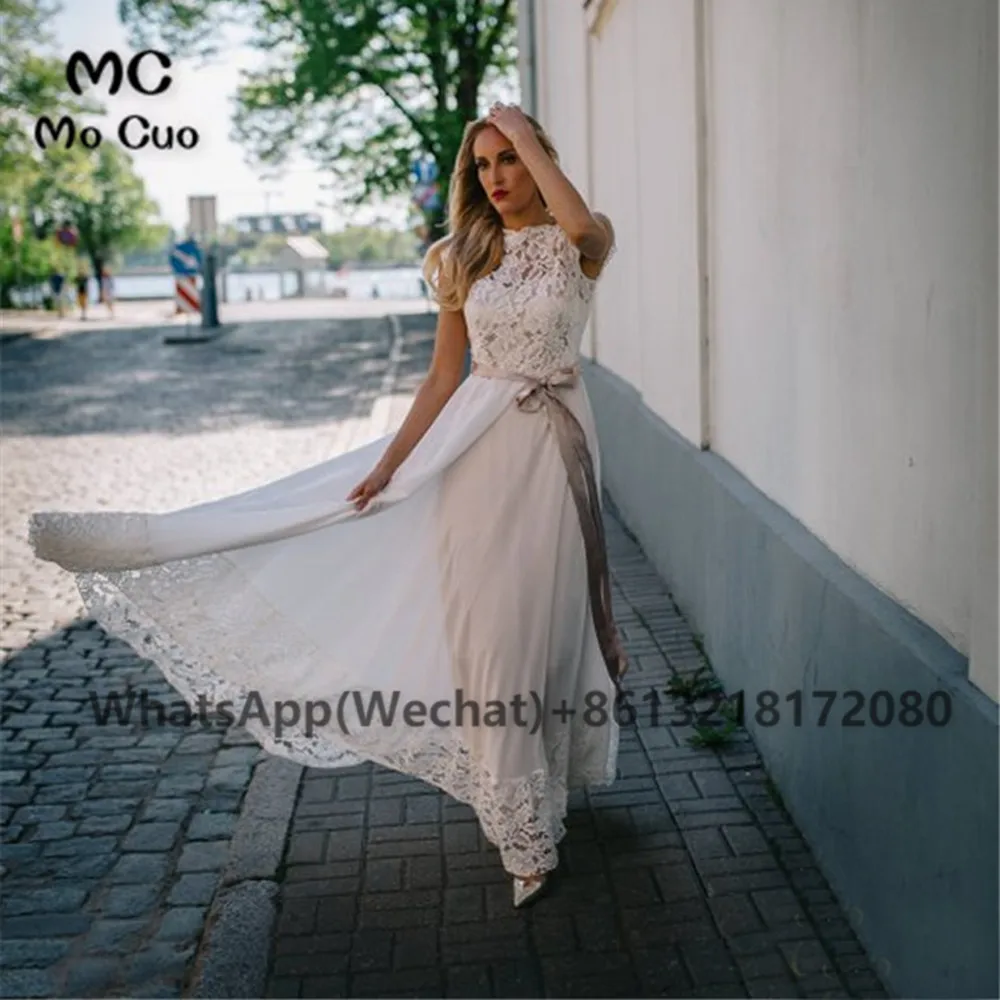 

Vintage Sheer Lace Wedding Dresses Long Scoop Sweep Floor Length Chiffon Illusion Bridal Gown Wedding Dress