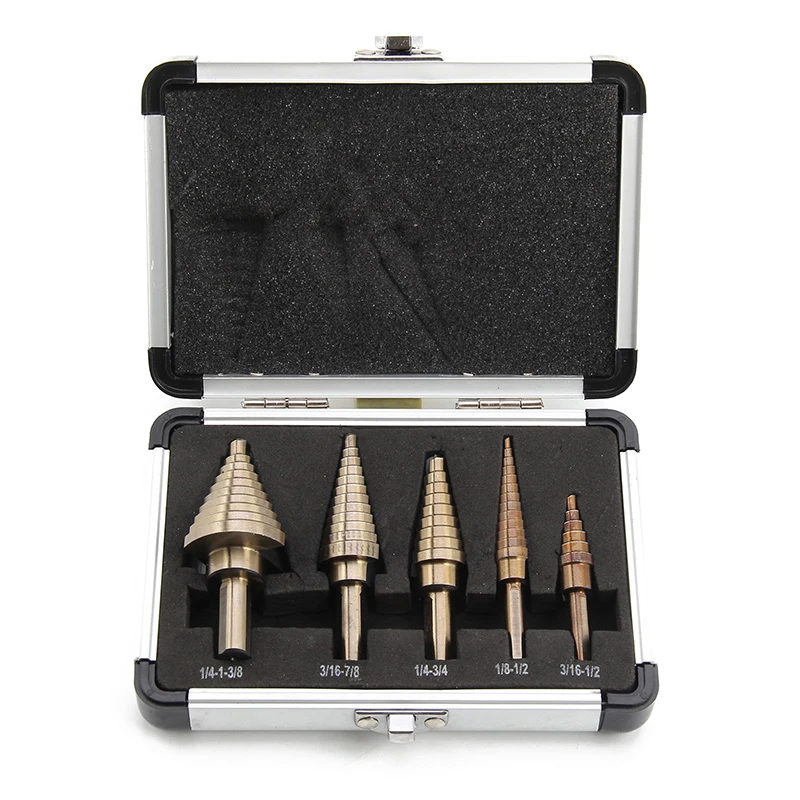 

HHO-5 Pcs Large Titanium HSS Step Cone Drill Hole Cutter Bit Set Tool + Case