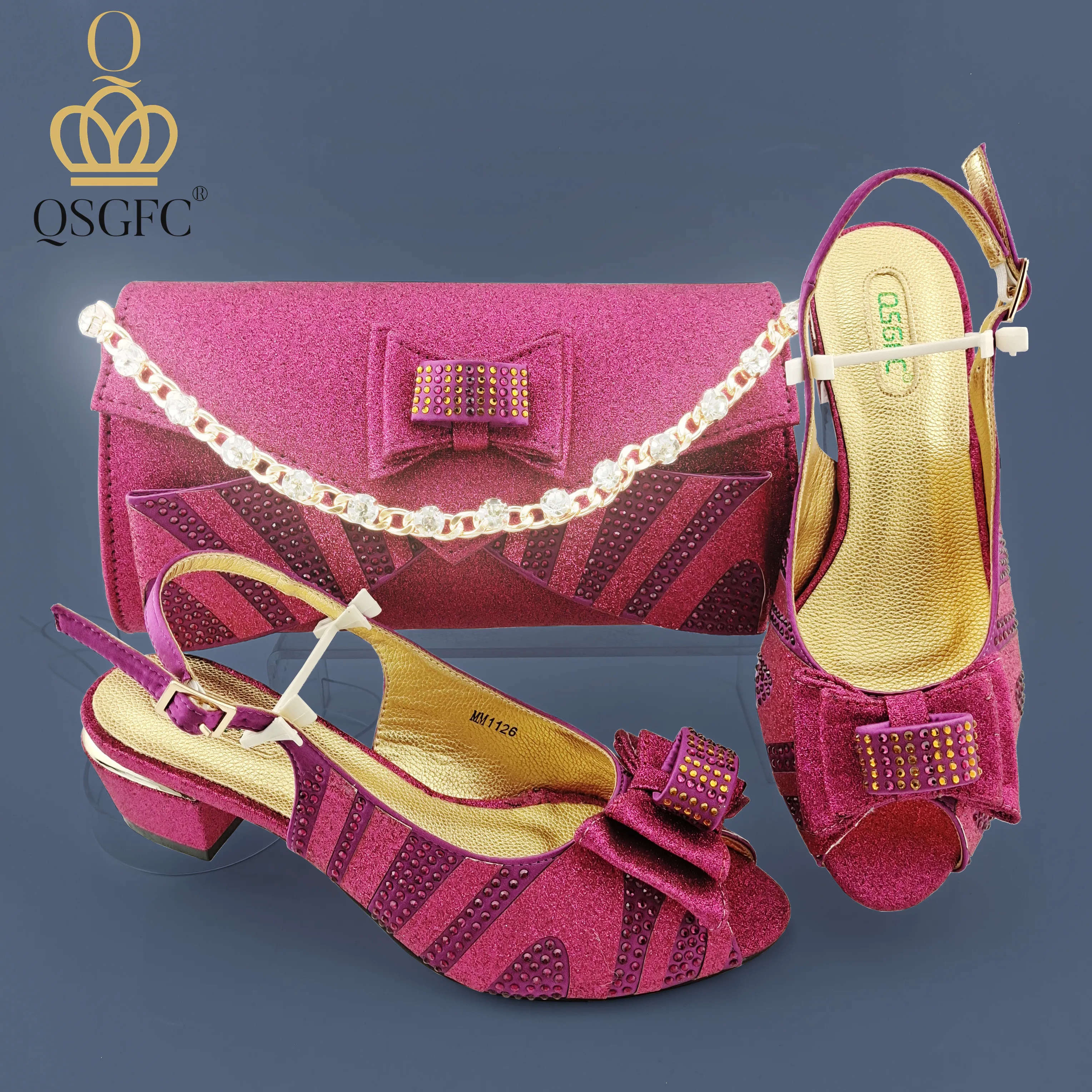 

QSGFC новейший итальянский дизайн женская обувь с подходящей сумкой женские свадебные женские сандалии на среднем каблуке пурпурного цвета