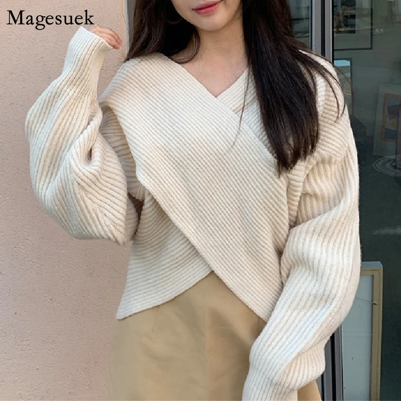 

Autumn Winter New Long sleeve Pullover Sweater Tops Fashion Wool V-neck Loose Sweater Woman Loose Elegant Women Sweaters 16483