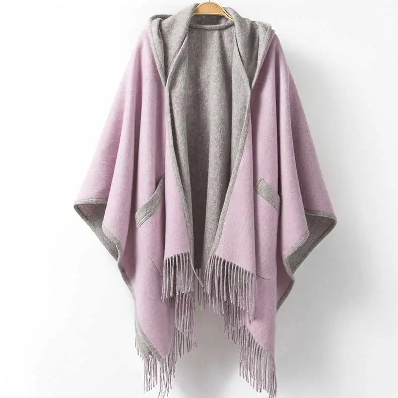 No. 3 pink gray Шерстяное пончо с капюшоном и кисточками для женщин, женские шарфы, зима, шерстяной шарф, накидка, накидка, шаль 135*155 см, 670 г - Цвет: No. 3 pink gray