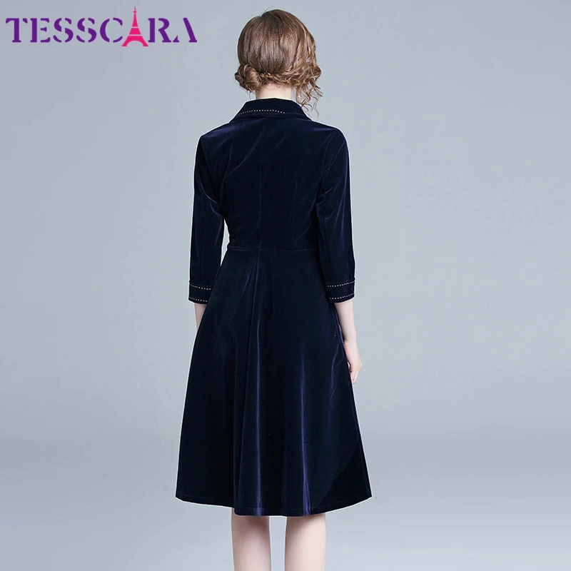 TESSCARA, женское осеннее и зимнее элегантное бархатное платье, праздничное, для женщин, высокое качество, дизайнерские, офисные, вечерние, Vestidos, винтажное платье