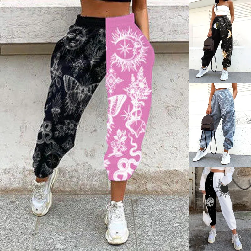 

Pants Women High Elastic Waist Sun and Moon Print Sweatpants Autumn Streetwear Womens Wide Leg Pants Long Jaggers Trousers
