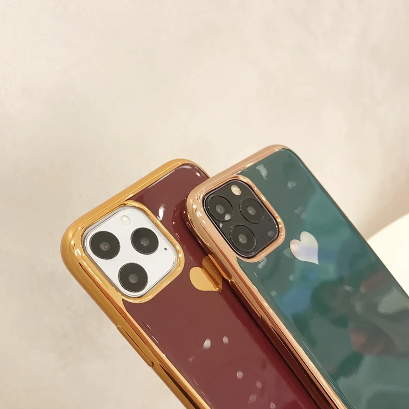 For iPhone 11 Pro XS Max XR 7 8 Plus 6 6s X Midnight Green Plating Love Heart Transparent Soft Silicone TPU Phone Case Cover | Мобильные