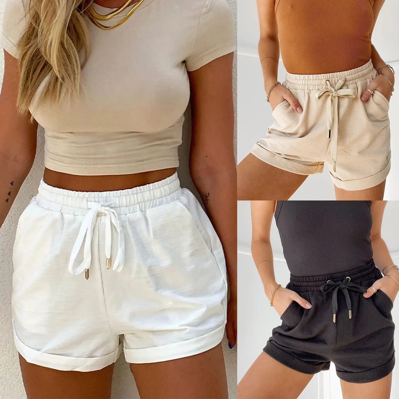 

New Hot Women's Casual Shorts, Elastic Waist Solid Color Rolled Cuff Loose Short Pants with Pockets