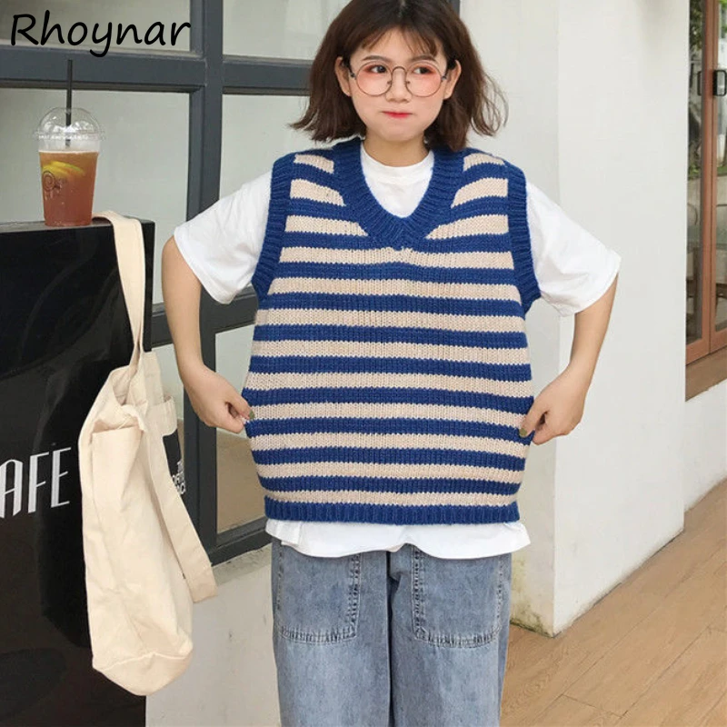 

Striped Sweater Vest Women V-neck Simple Students Kawaii Basic Tender Warm Spring Vacation Design Loose Ins New Arrival Trendy