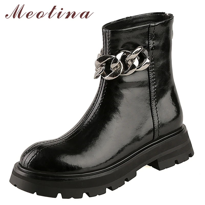 

Meotina Genuine Leather Ankle Boots Shoes Women 2021 Autumn Platform Flat Chain Boots Round Toe Zipper Ladies Footwear 40 Beige