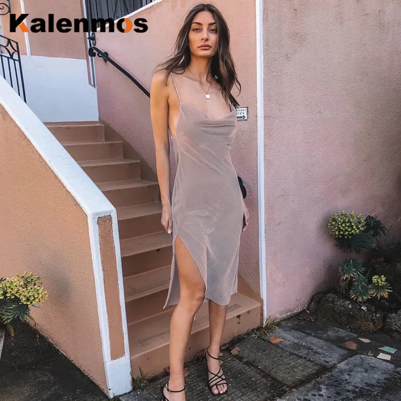 Бархат без рукавов с открытой спиной сексуальное разрезом миди платье осень зима