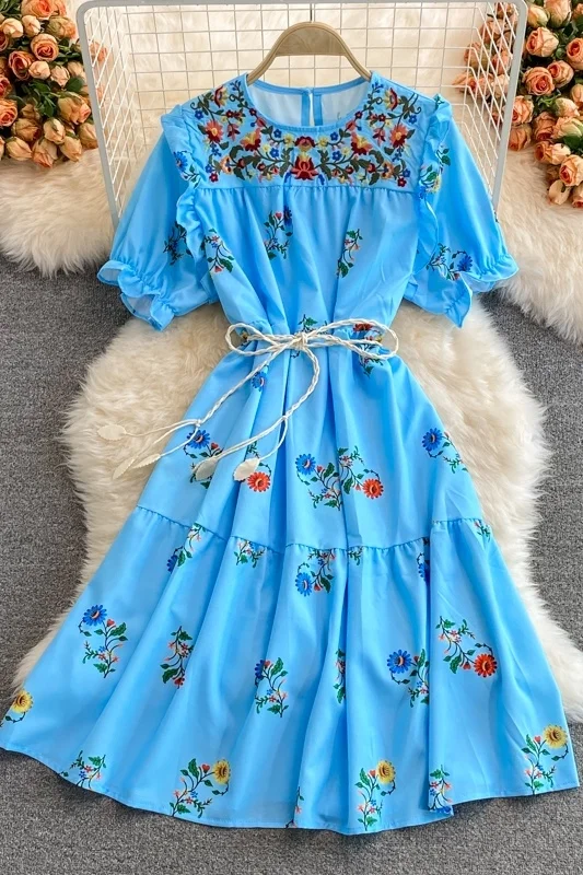 

Bohemian Holiday Printed Dress Women 2021 New Summer Ruffle O-neck Bodycon Dresses Ladies Midi A-line Boho Dress