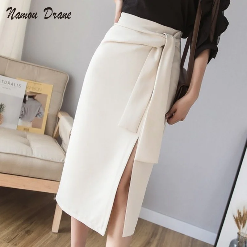 

2021 High Waist Lace Up Black Skirt Women Split Solid Color Side Zipper Elegant OL Skirts Office Ladies Spring New Woman Skirts