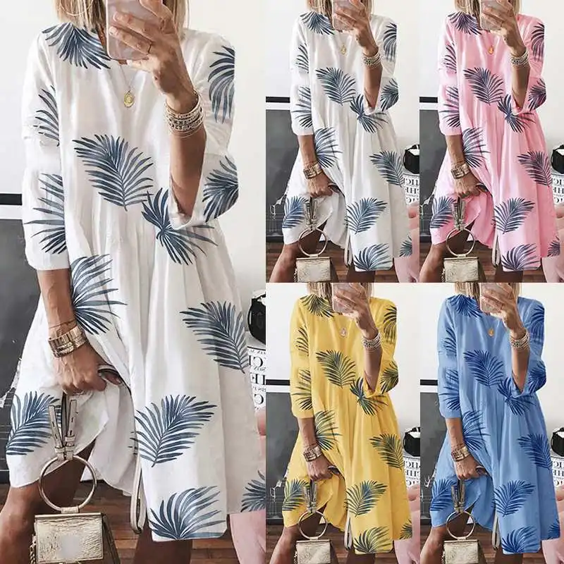 Плюс размер ZANZEA Платье женское осень лето Vestido туника 3/4 рукав Печатный пляж Дамская рубашка-миди платья кафтан
