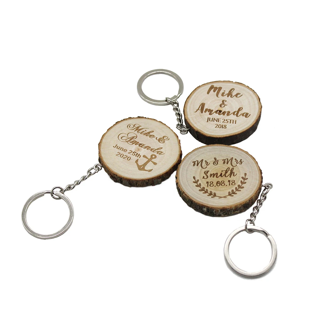 

20Pcs Personalized Keychains Engraved Slice keyrings Wood Wooden Wedding Decor Party Baby Shower Party Gift Wedding Favor