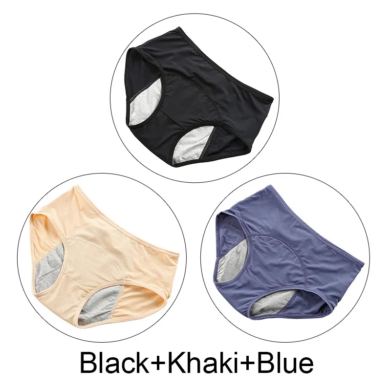 Black Khaki Blue 3 шт./лот 5XL плюс Размер менструальные трусики женское нижнее белье хлопок период герметичные трусы период физиологические трусики нижнее белье - Цвет: Black Khaki Blue
