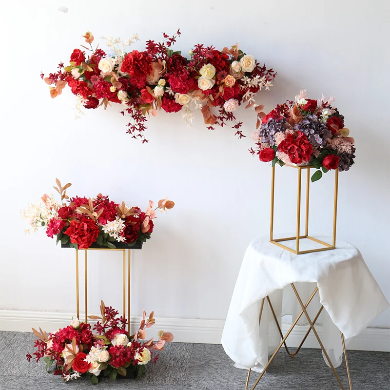 

Red Wedding Arch Decor Flower Arrangement Event Leaves Flower Row Centerpiece Stand Party Supplies Wedding Decoration
