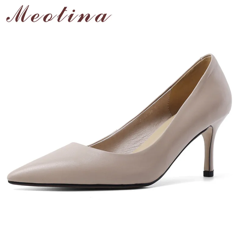 

Meotina Women Pumps High Heels Natural Genuine Leather Stiletto High Heel Shoes Cow Leather Pointed Toe Office Lady Shoes 34-39