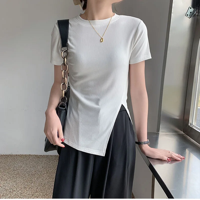 

2021 Summer Solid Color Tshirt For Womenâ€™s Short Sleeve O Neck Korean Top Casual Apricot Split Slim Tee Elegant Tshirt Feminina