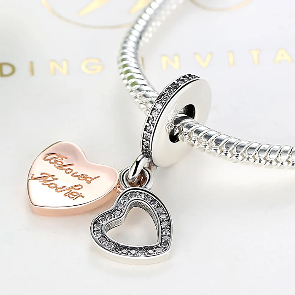100% стерлингового серебра розовое Золотое любовное сердце кулон шарма бусины