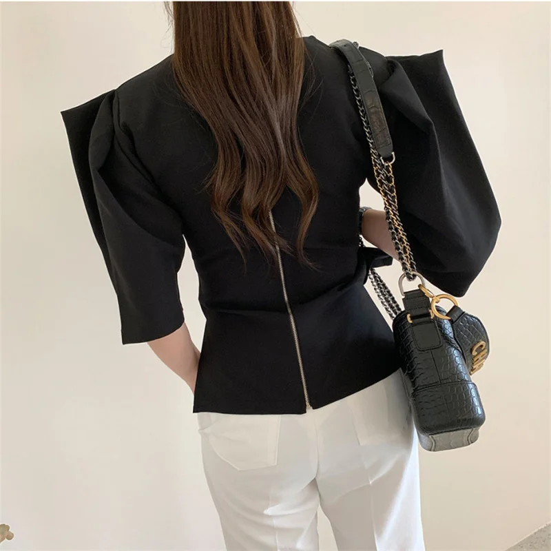 

HziriP Loose Short-Sleeved Zipper Lady Cotton 2021 Split Tops Brief OL Hot Summer All-Match Puff Sleeves Chic Solid T-Shirts