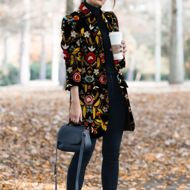 

3XL Jacket Coat Women Fahsion Autumn Winter Ethnic Vintage Print Long Sleeve Skinny Coat Cardigan Loose Outerwear Top Jackets